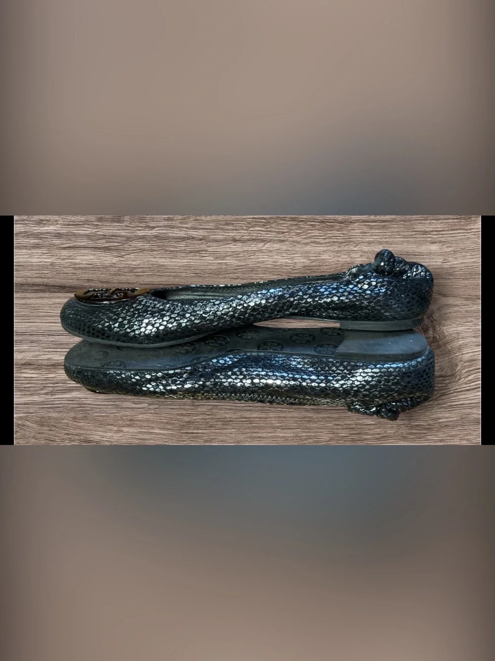 TORY BURCH REVA CLASSIC RARE SILVER SNAKE LOGO BALLET FLATS US 9